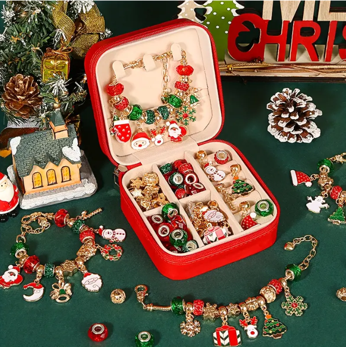 Christmas Charm Bracelet Making Kit, Elegant Red Green Series DIY , Christmas Gift Set For Girls