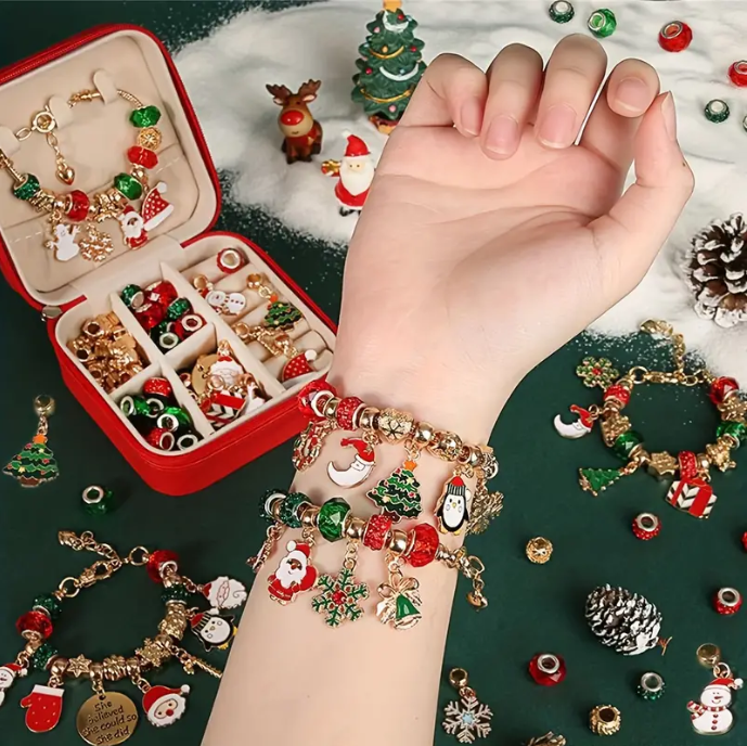 Christmas Charm Bracelet Making Kit, Elegant Red Green Series DIY , Christmas Gift Set For Girls