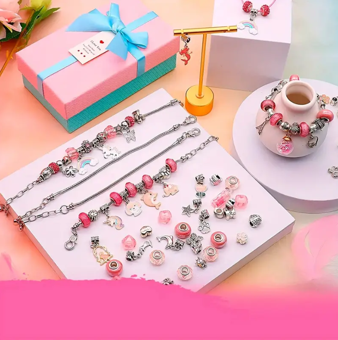 2-In-1 Charm Bracelet Making Kit With Gift Box, DIY Charm Bracelets Beads For Girls, Adults And Beginner, Necklace Making Kit, Jewelry Making Kit, Jewelry Crafts Pink Girl Set