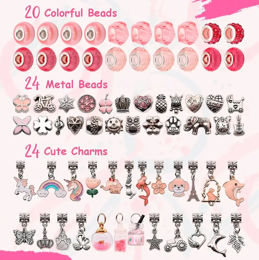 2-In-1 Charm Bracelet Making Kit With Gift Box, DIY Charm Bracelets Beads For Girls, Adults And Beginner, Necklace Making Kit, Jewelry Making Kit, Jewelry Crafts Pink Girl Set