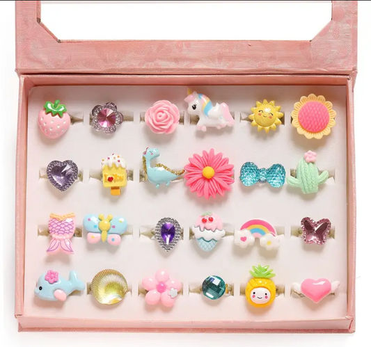 Little Girl Jewel Rings In Box, Adjustable, No Duplication, Girl Pretend Play And Dress Up Rings (24 Lovely Ring)