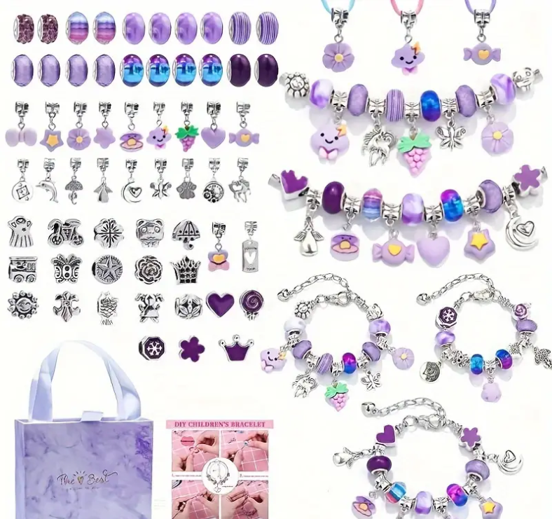 66 Pcs Charm Bracelet Making Kit For Girls, Elegant Purple Series DIY Beaded Jewelery Making Kit Craft Gifts For Girls Birthday, Christmas, New Year With Purple Gift Box