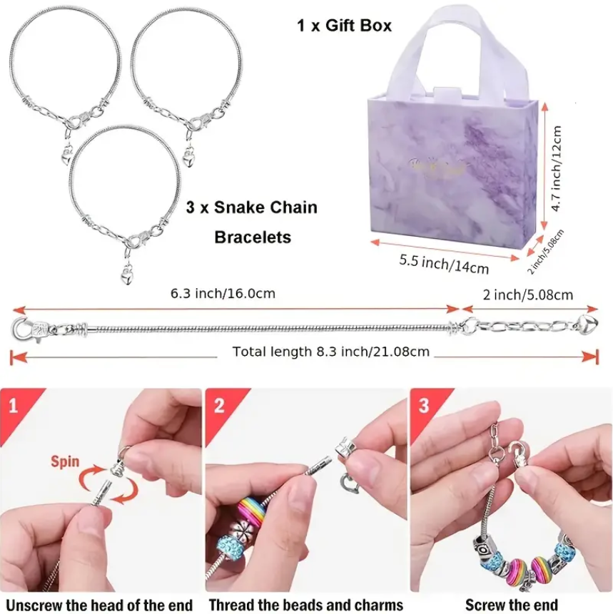 66 Pcs Charm Bracelet Making Kit For Girls, Elegant Purple Series DIY Beaded Jewelery Making Kit Craft Gifts For Girls Birthday, Christmas, New Year With Purple Gift Box