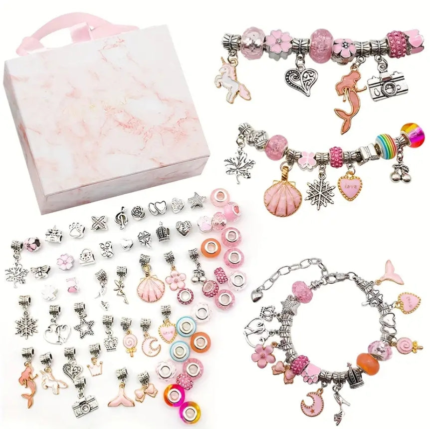 60pcs Colorful Charm Bracelet Making Kit Metal Beads DIY Bracelets Making Kits - Includes Metal Beads, Alloy Charms, Pendants, Chains And Gift Boxes - Perfect Arts And Crafts Activity For Girls Creative Crafting Fun