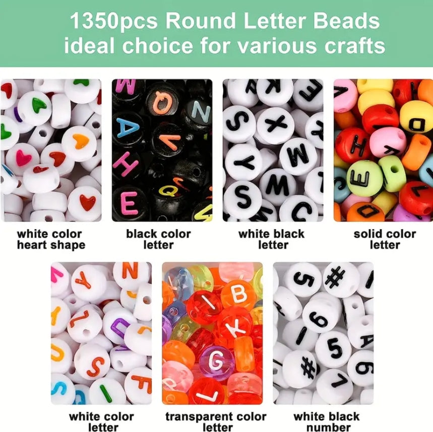 1350pcs Beads Necklace Bracelet Making Kit, 7 Style Colorful Round Letter Beads Number Beads Heart-Shaped Beads With 1 Roll Elastic String Cord DIY Arts Crafts Jewelry Making Supplies