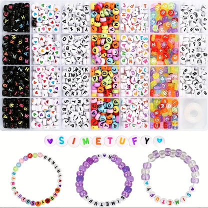 1350pcs Beads Necklace Bracelet Making Kit, 7 Style Colorful Round Letter Beads Number Beads Heart-Shaped Beads With 1 Roll Elastic String Cord DIY Arts Crafts Jewelry Making Supplies