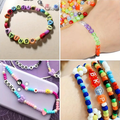 1350pcs Beads Necklace Bracelet Making Kit, 7 Style Colorful Round Letter Beads Number Beads Heart-Shaped Beads With 1 Roll Elastic String Cord DIY Arts Crafts Jewelry Making Supplies